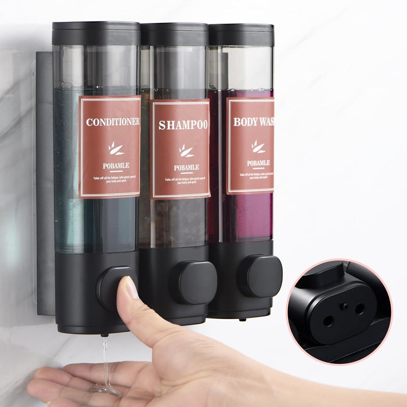 POBAMLE Shampoo and Conditioner Dispenser Wall Mounted Shower Soap Dispenser No Drill Shampoo Dispenser for Shower 3 Chamber Bathroom Body Wash Shower Gel Holder Black - Image 5